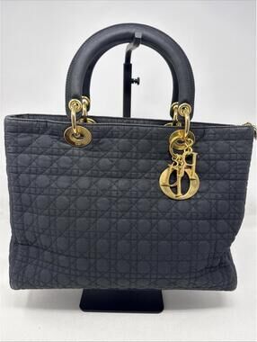 Vintage CHRISTIAN DIOR Lady Dior Cannage Tote Black Gold HW Nylon